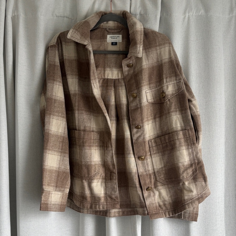 American Eagle Outfitters Tan and Cream Plaid Jacket